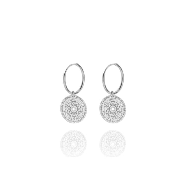 Astrology Wheel Zodiac Silver Earrings