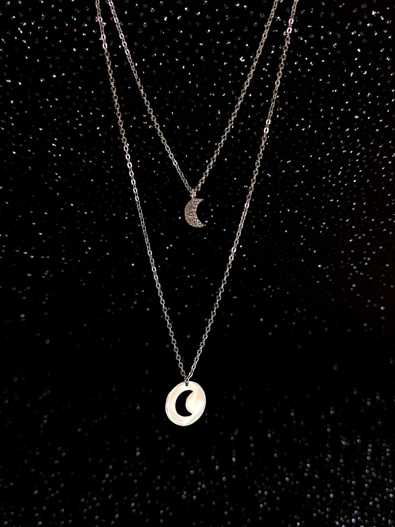 Double Moon Silver Pendant Necklace